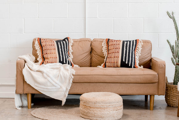 Casa Boho decorative throw pillow boho pillow bohemian pillow modern pillow mid century modern decor home decor furnishings accents toss pillow pillowcase 18x18 pillow cover boho throw pillow black white rust burnt orange taupe tan beige fringe tassels bedroom living room nursery office