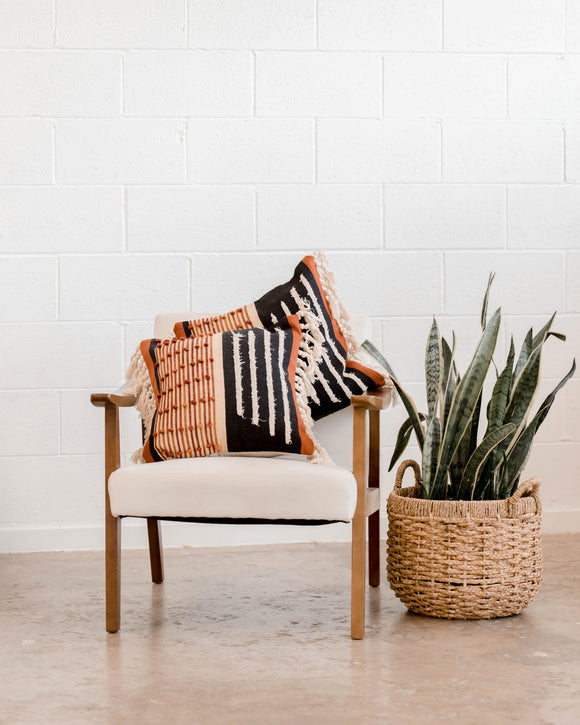 Casa Boho decorative throw pillow boho pillow bohemian pillow modern pillow mid century modern decor home decor furnishings accents toss pillow pillowcase 18x18 pillow cover boho throw pillow black white rust burnt orange taupe tan beige fringe tassels bedroom living room nursery office