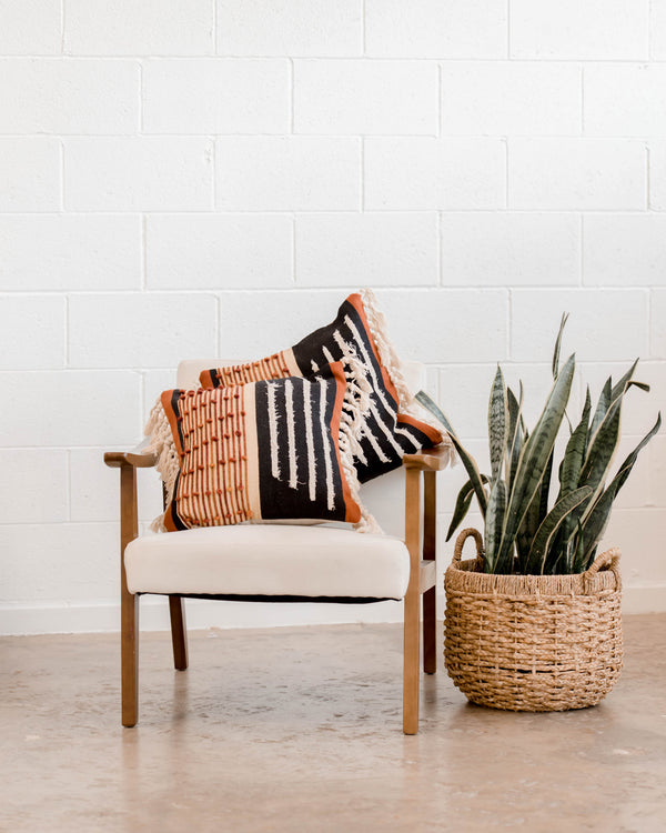 Casa Boho decorative throw pillow boho pillow bohemian pillow modern pillow mid century modern decor home decor furnishings accents toss pillow pillowcase 18x18 pillow cover boho throw pillow black white rust burnt orange taupe tan beige fringe tassels bedroom living room nursery office