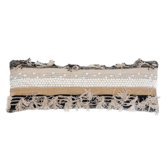 casa boho decorative lumbar throw pillow cover boho home decor neutral hues neutral decor textured pillow cover pom poms tassels long throw pillow accent pillow cover cushion cover bohemian moroccan beige tan taupe black white brown earth tones earthy indie modern living room decor bedroom decor long pillow for bed home accents furnishings decorations interior design