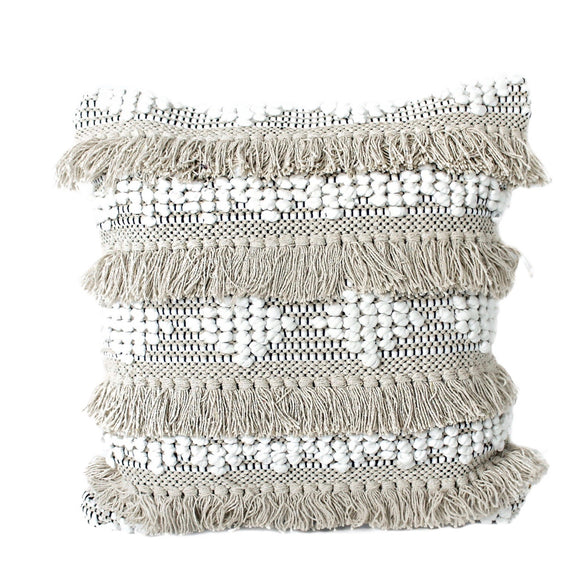 casa boho coastal bohemian modern boho fringe tassels texture textured decorative throw pillow cover cushion moroccan shabby chic farmhouse style home decor decorations furnishings accents accent toss plush white beige tan neutrals neutral toned earth tones couch sofa chair bench bed bedroom living room entry house scandinavian beachy nautical beach bungalow casita cabana nursery girl boy teen indoor outdoor 20x20 inch 100% cotton soft woven sand sandy taupe interior designer decorator decorating styling