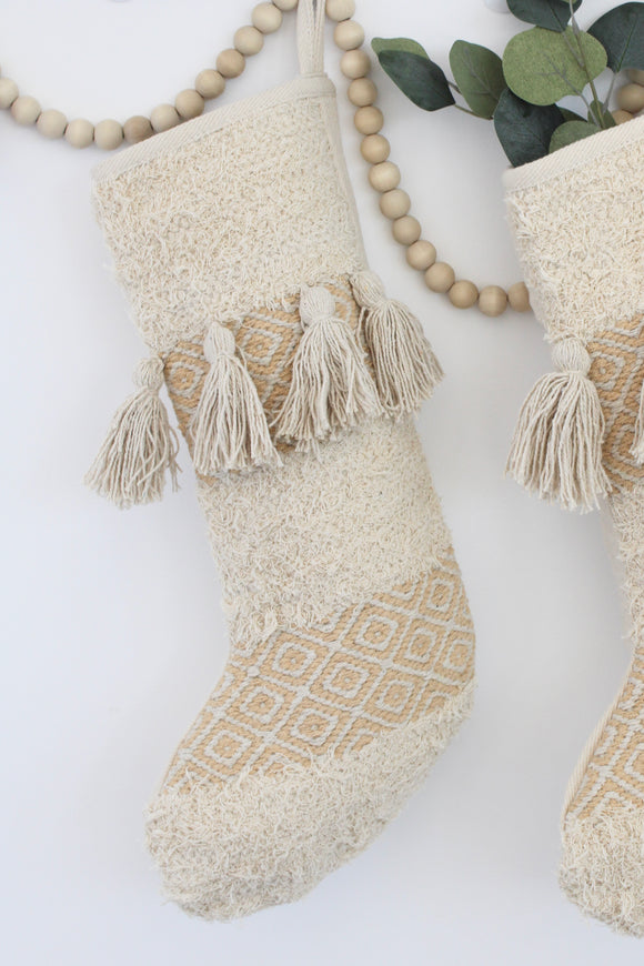 neutral christmas stocking tassels texture woven honey beige cream boho christmas stocking boho holiday stockings bohemian style christmas decor holiday decor farmhouse christmas stockings