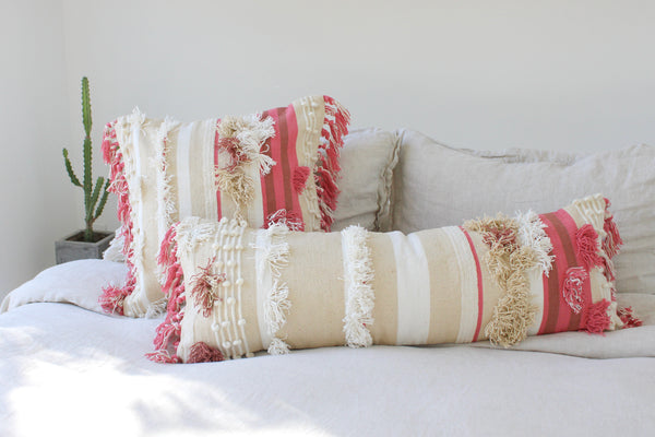 Casa Boho Lumbar Pillow Decorative Long Pillow Long Lumbar Pillow Cover Decorative Throw Pillow Fringe Pillow Bohemian Pillow Boho Home Decor Bohemian Home Decor Pink Lumbar Pillow Pink Throw Pillow Pink Decorative Pillow for Girls Room Decor Pink Decorations Pink Bedroom Decor Pink Pillow for Bedroom Decorative Bolster Pillow Tassel Pillow Fringe Pillow Pink White Beige Tan