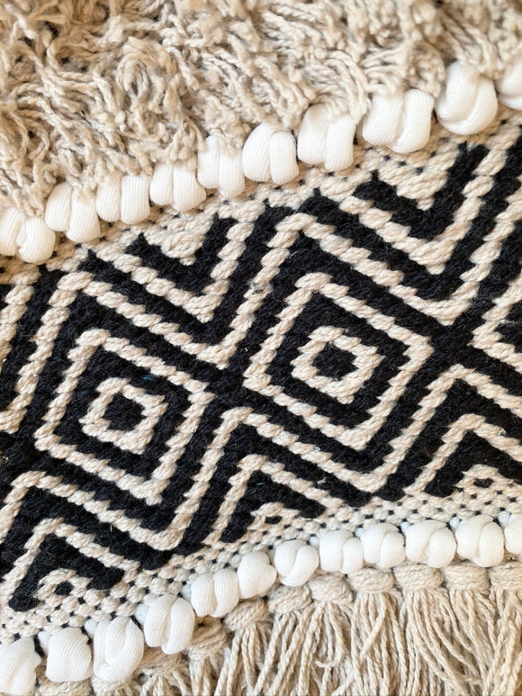 casa boho bohemian christmas stocking neutral texture beige black white tan tassels fringe decorations decor mantel holiday 100% cotton fireplace family tradition home decor moroccan modern white geometric shabby chic farmhouse