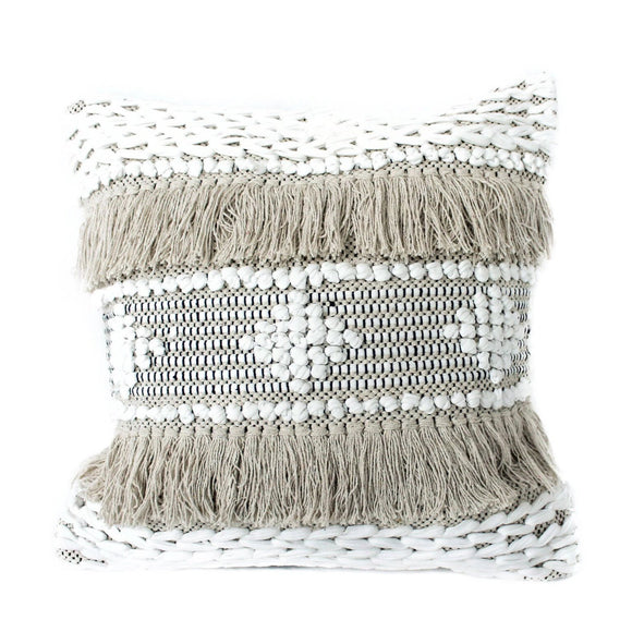 casa boho coastal bohemian modern boho fringe tassels texture textured decorative throw pillow cover cushion moroccan shabby chic farmhouse style home decor decorations furnishings accents accent toss plush white beige tan neutrals neutral toned earth tones couch sofa chair bench bed bedroom living room entry house scandinavian beachy nautical beach bungalow casita cabana nursery girl boy teen indoor outdoor 20x20 inch 100% cotton soft woven sand sandy taupe interior design styling decorator