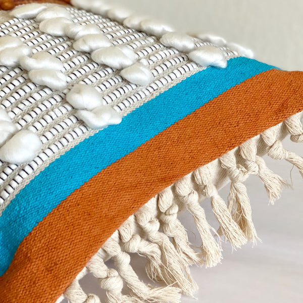 casa boho decorative lumbar pillow orange aqua blue rust bohemian fringe tassels throw pillow cover long cushion wool cotton mid century modern eclectic home decor bedroom living room nursery bed couch sofa chair accents furnishings