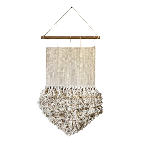 Bohemian casa boho wall hanging tapestry fiber art tassels texture piece decorative cream beige cotton neutral texture hanger weave woven eclectic style room bedroom nursery living room accents furnishings home decor coastal beachy light minimalist design boheme