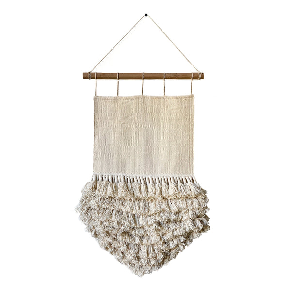 Bohemian casa boho wall hanging tapestry fiber art tassels texture piece decorative cream beige cotton neutral texture hanger weave woven eclectic style room bedroom nursery living room accents furnishings home decor coastal beachy light minimalist design boheme