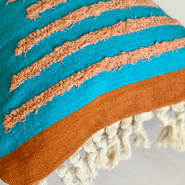 casa boho decorative lumbar pillow orange aqua blue rust bohemian fringe tassels throw pillow cover long cushion wool cotton mid century modern eclectic home decor bedroom living room nursery bed couch sofa chair accents furnishings