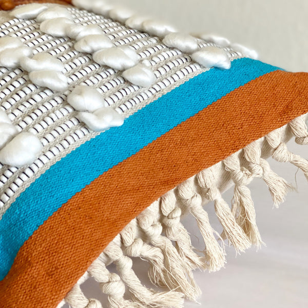 casa boho decorative lumbar pillow orange aqua blue rust bohemian fringe tassels throw pillow cover long cushion wool cotton mid century modern eclectic home decor bedroom living room nursery bed couch sofa chair accents furnishings 